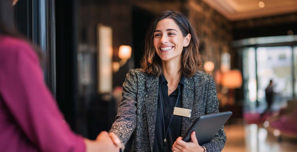 A smiling professional hotel receptionist in a grey blazer shake
